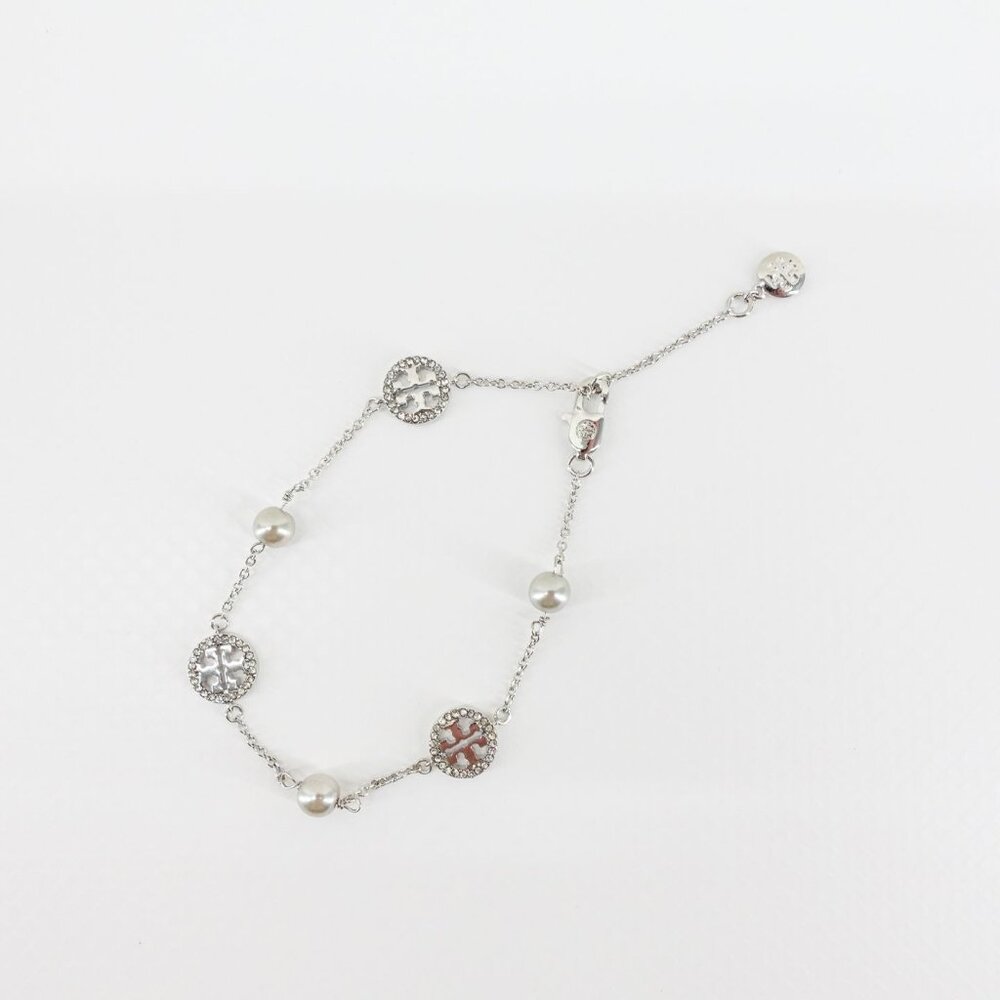 Tory Burch Crystal Logo & Imitation Pearl Station Bracelet Silver OS